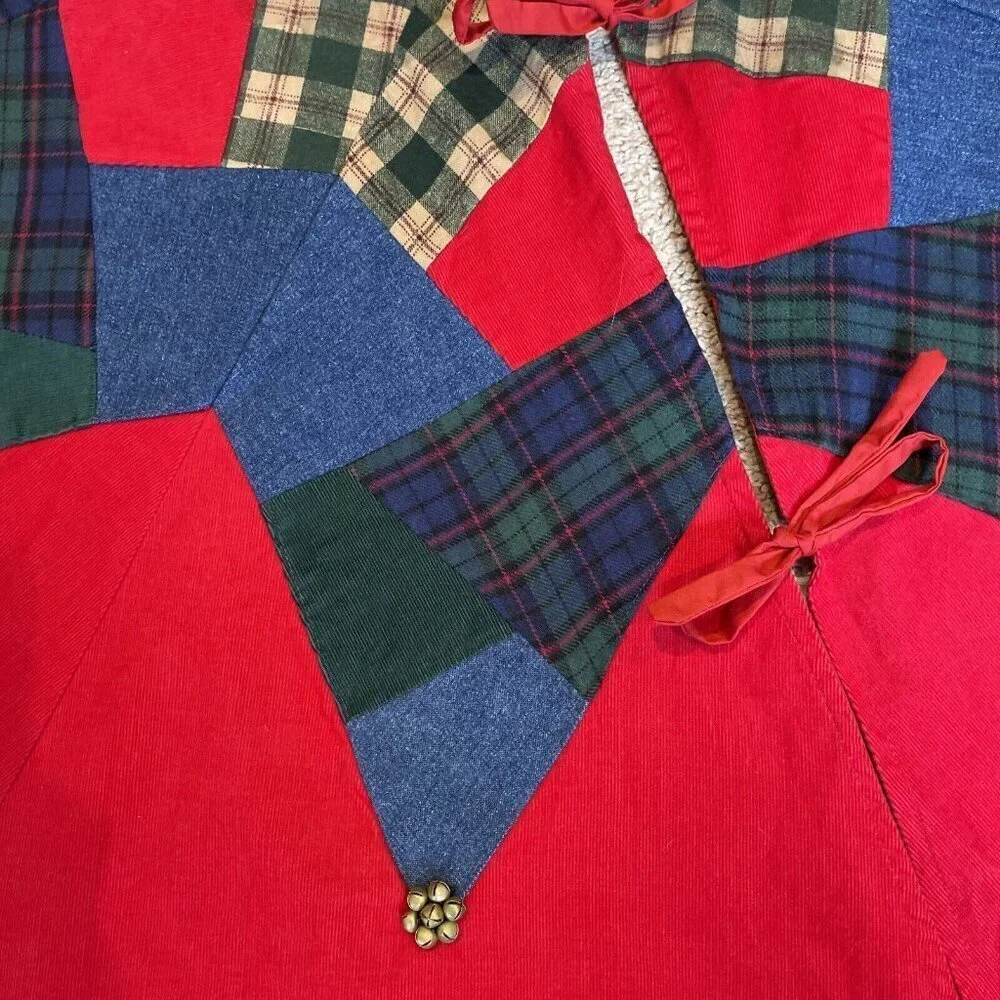 Vintage Pier 1 Christmas Tree Skirt Patchwork Corduroy Denim Jingle Bells 54